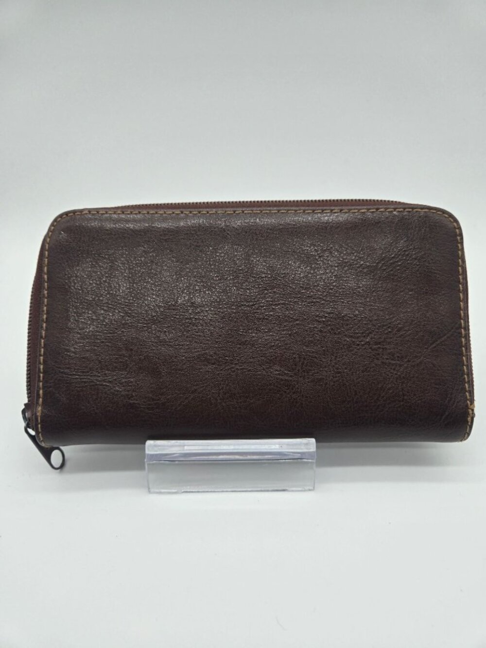 Vintage Brown Faux Leather Thick Stitch Zip Around Continental Wallet